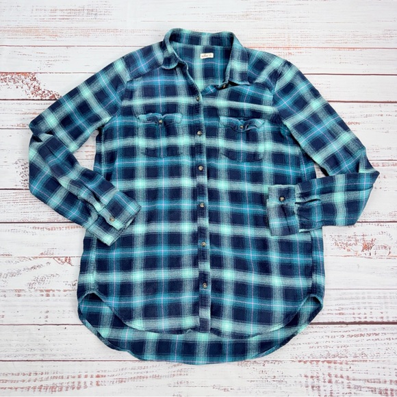 Hollister size Medium Teal Blue Plaid Long Sleeve Button Down Flannel Shirt - Picture 7 of 12
